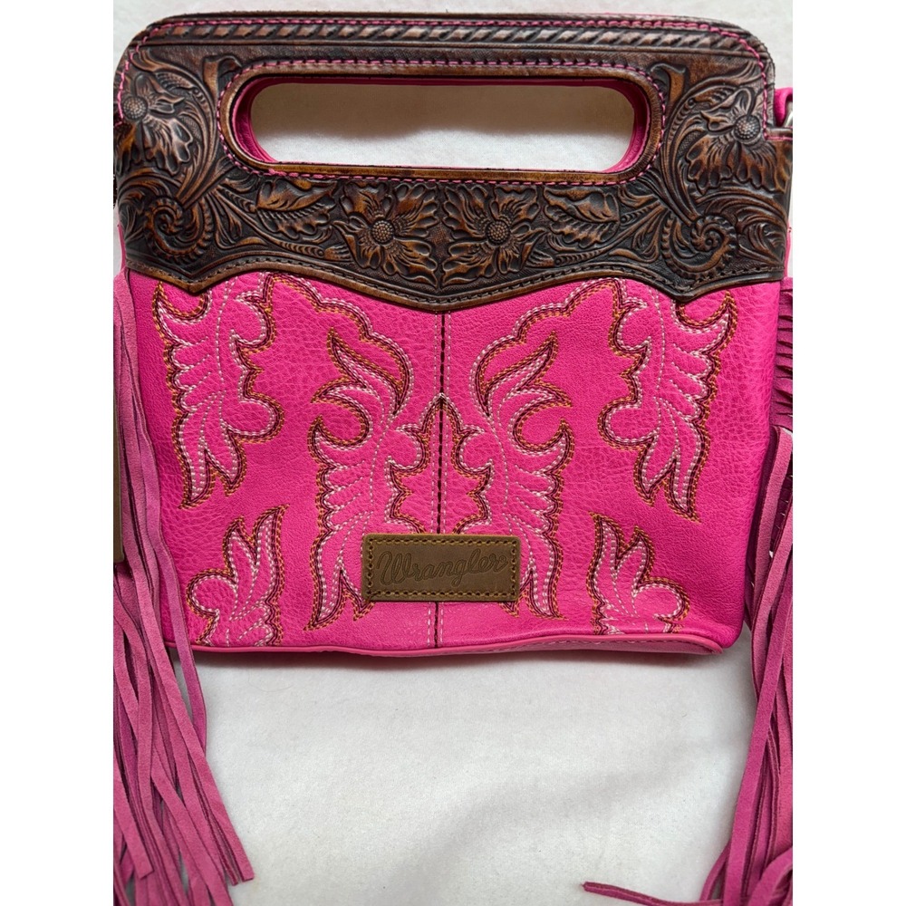 Wrangler Western Hot Pink Fringe Embossed Clutch Handbag Purse With Strap NWT